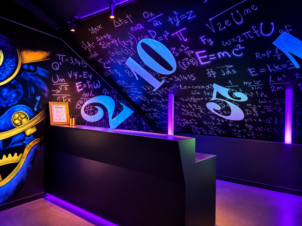Futuristic bar interior with neon-lit mathematical formulas